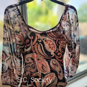 Off the shoulder paisley pink and blue top